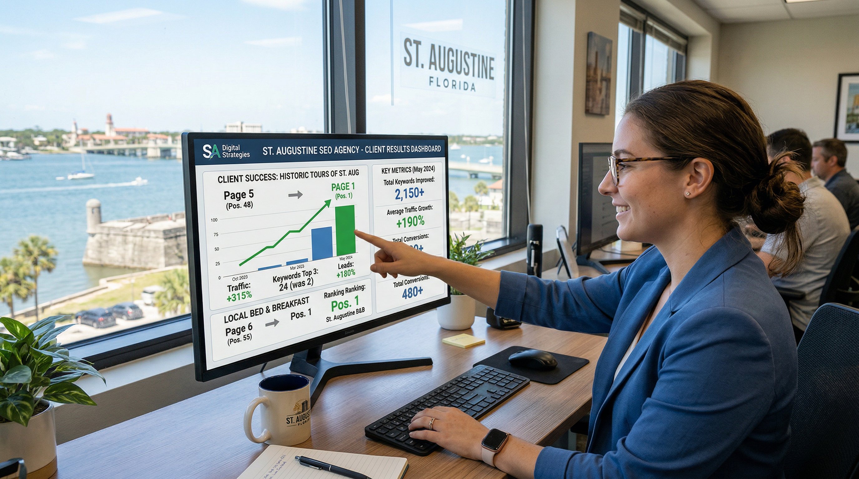 St. Augustine Florida historic district with digital marketing data overlay representing real SEO results