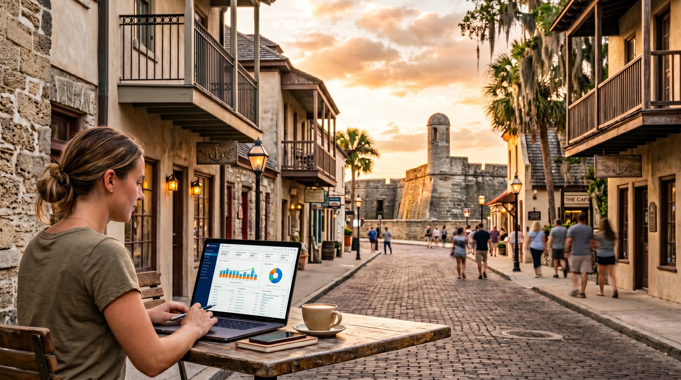 Historic St. Augustine Florida street with local business storefronts and a laptop showing SEO analytics