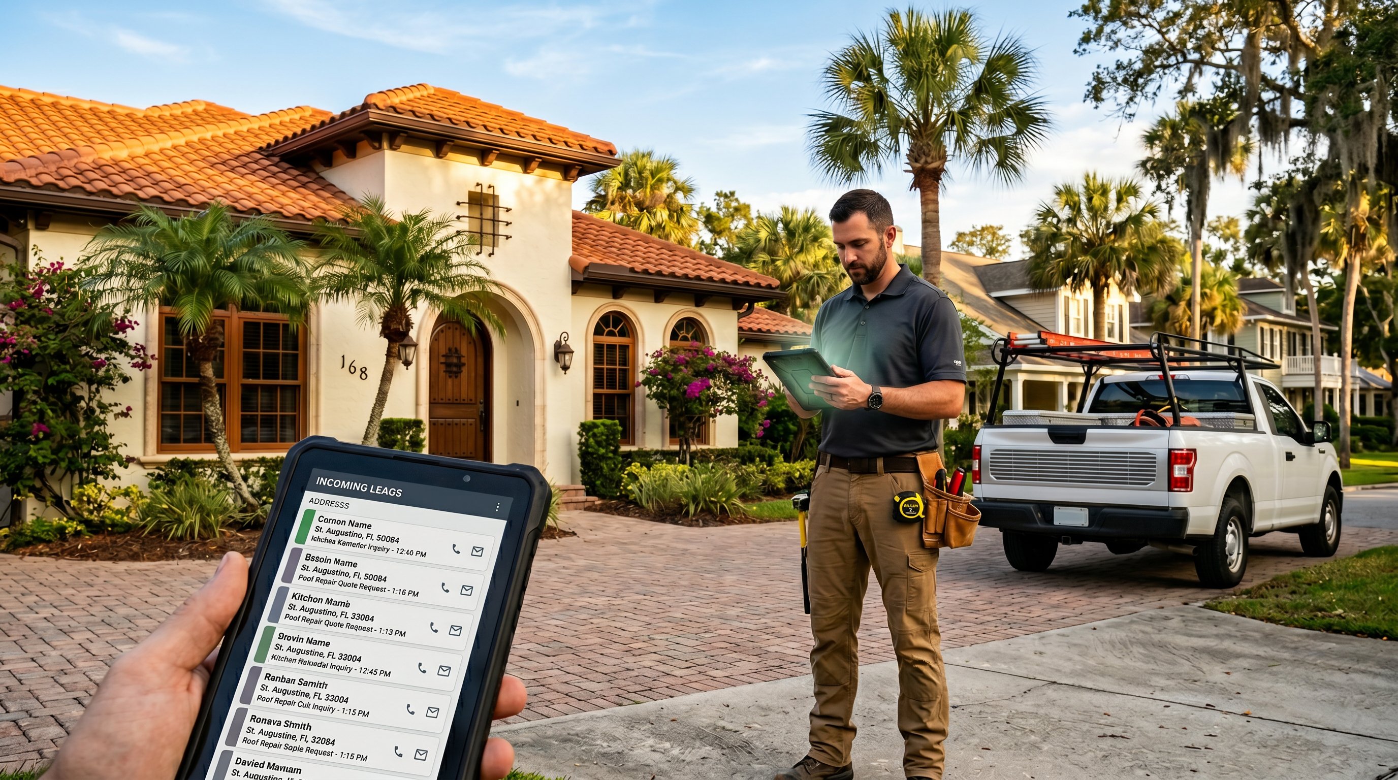 Professional contractor reviewing leads on a tablet outside a beautiful St. Augustine Florida home with Spanish tile roof