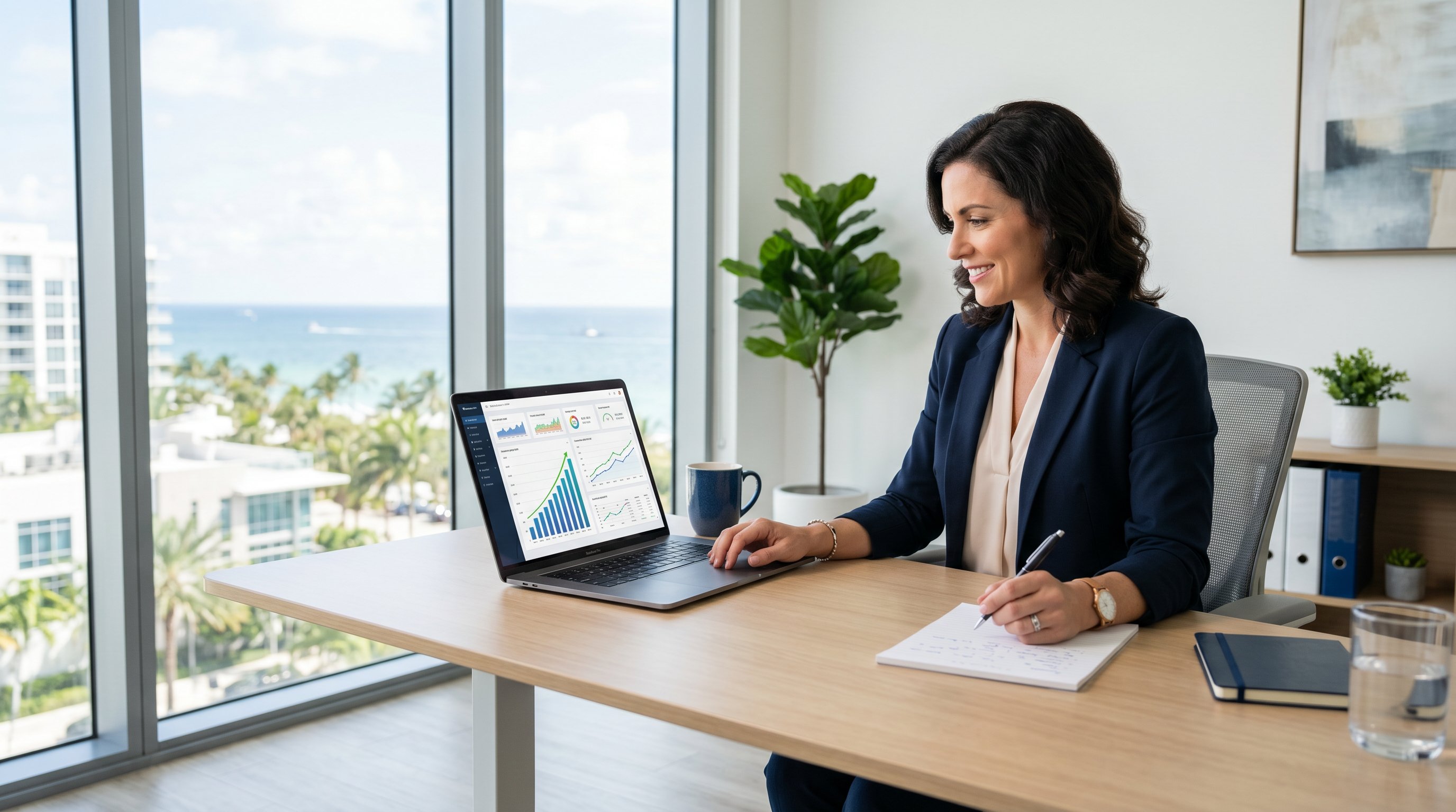 Business owner in St. Augustine reviewing SEO revenue report showing ROI growth chart on laptop screen