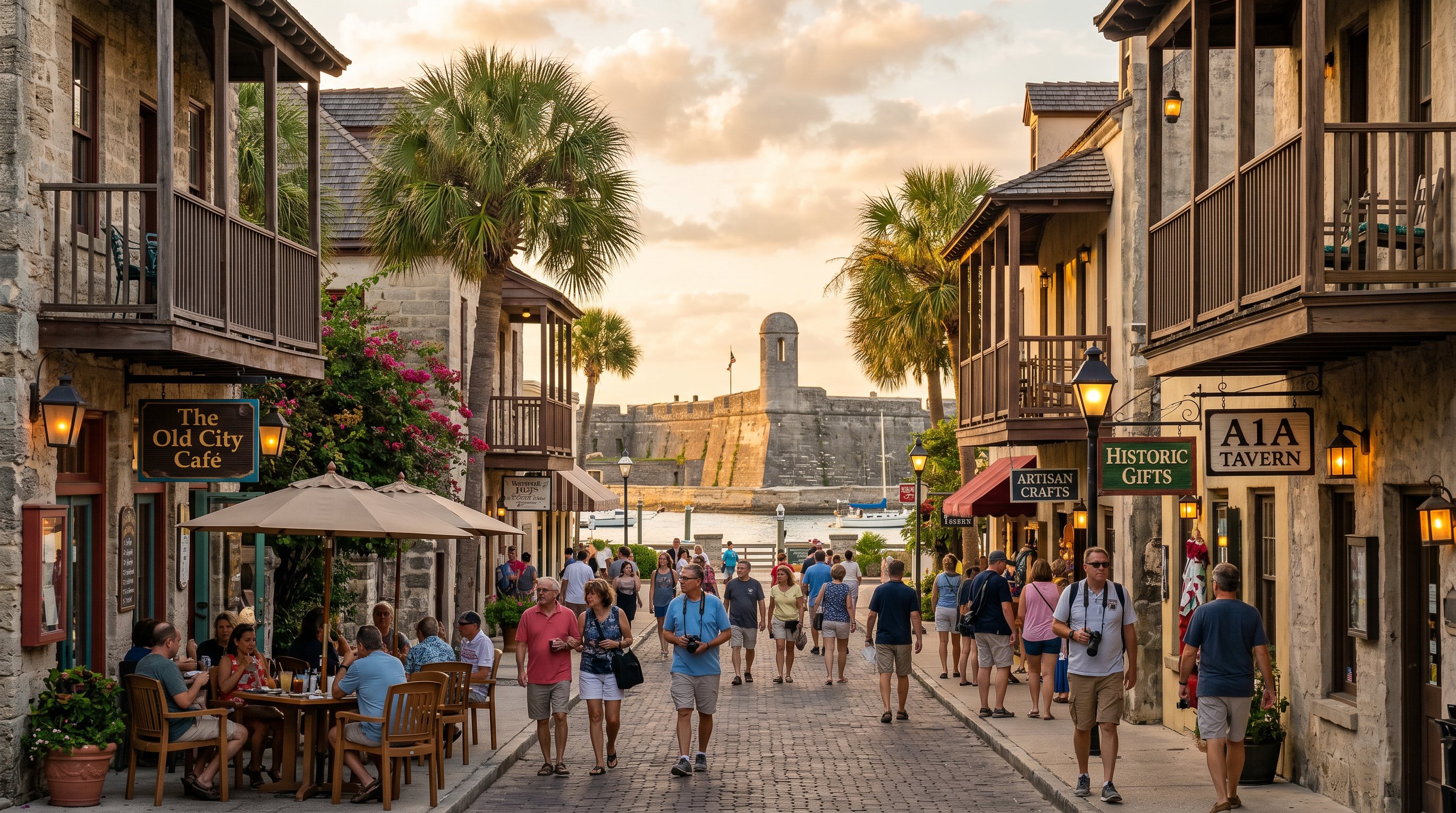 St. Augustine Castillo de San Marcos fort with tourists and a hospitality business storefront on St. George Street