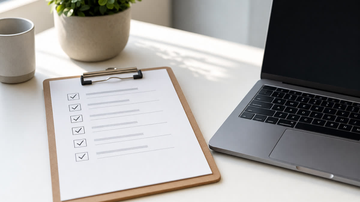 A printed checklist on a clipboard next to a laptop showing search results