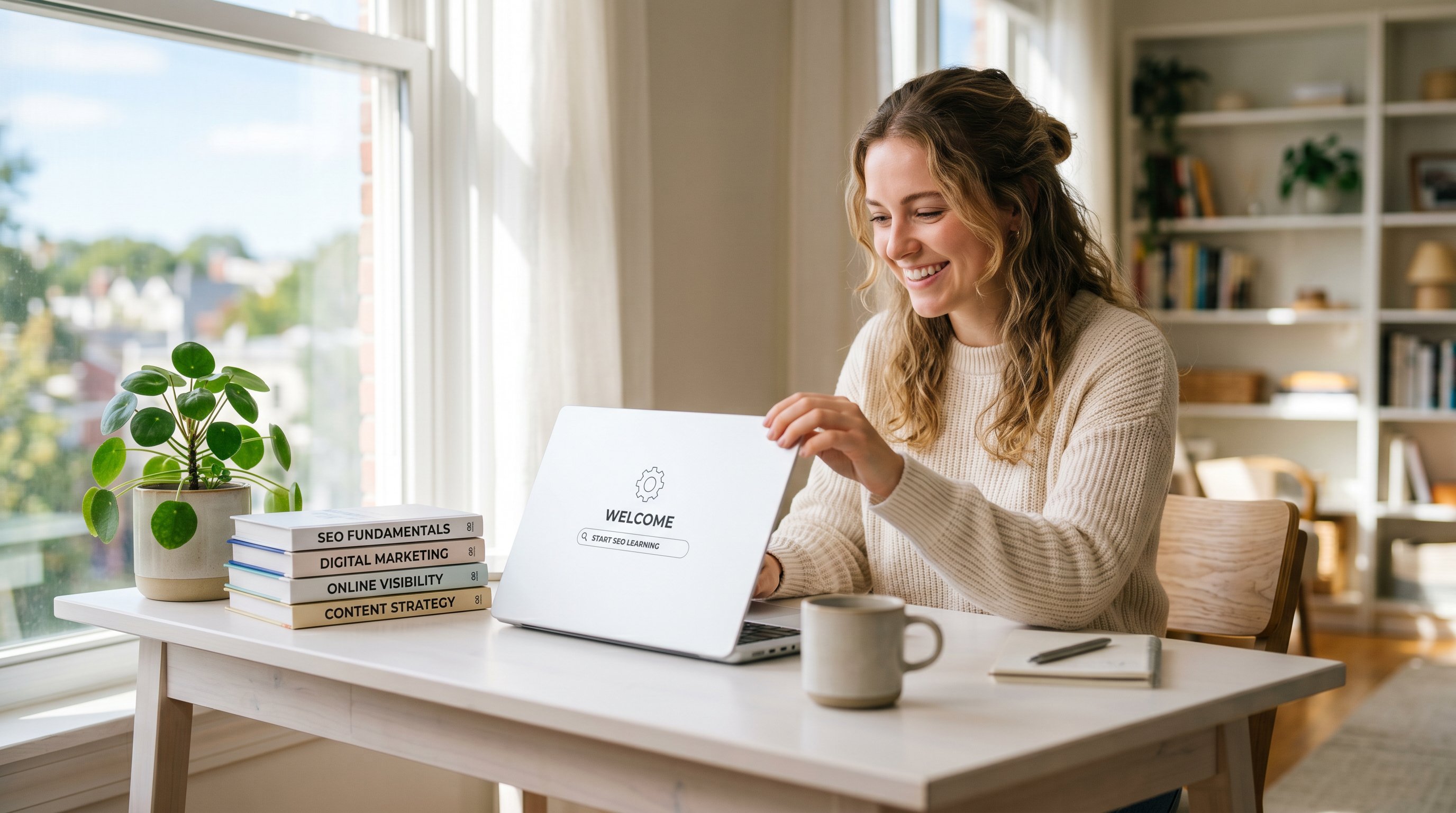 Young entrepreneur opening a laptop to start learning SEO with marketing books nearby