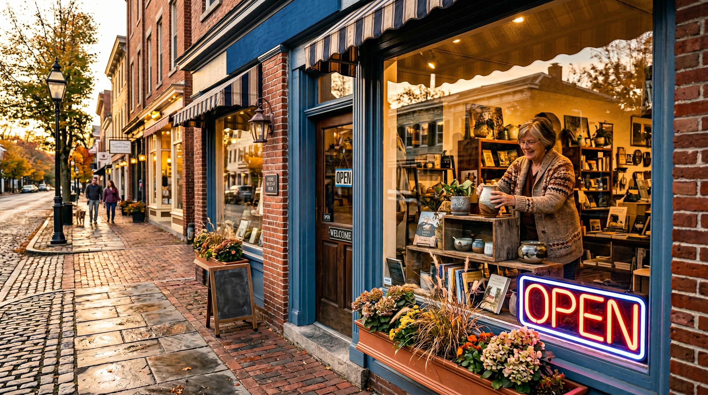 Small business storefront on a charming main street with owner adjusting a window display
