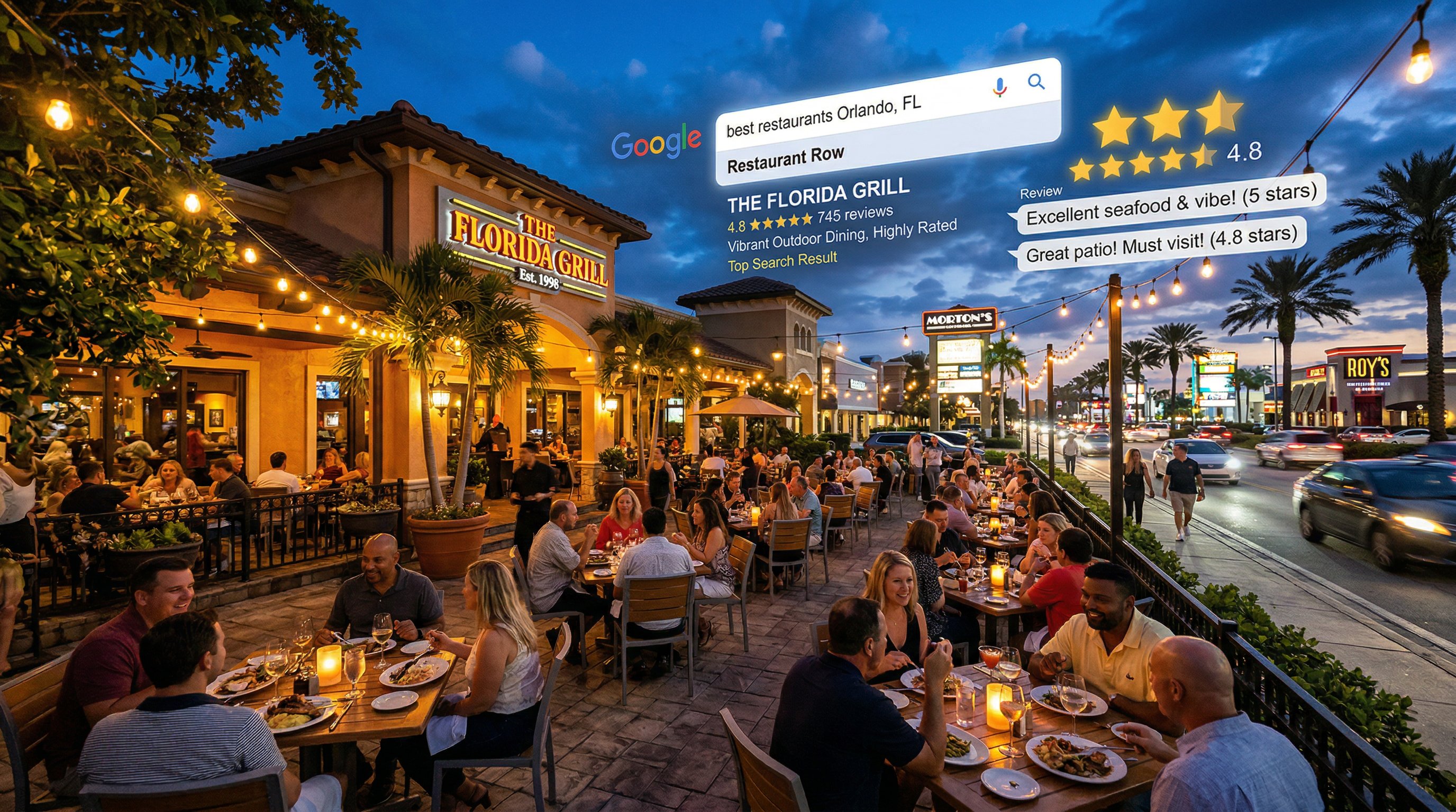 Orlando restaurant dining room with digital marketing overlay representing restaurant SEO strategies