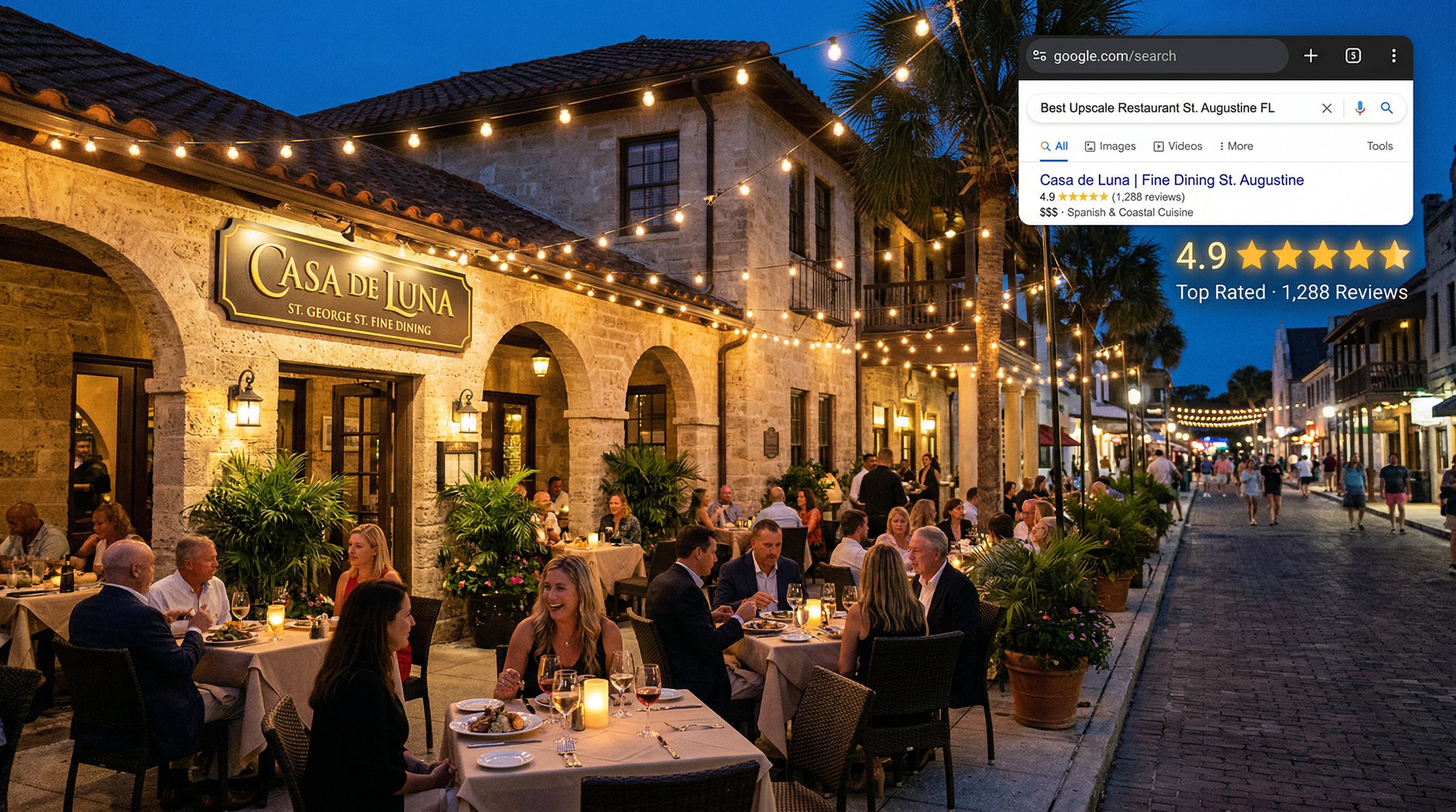 St. Augustine restaurant dining scene with search engine results overlay showing local SEO for restaurants