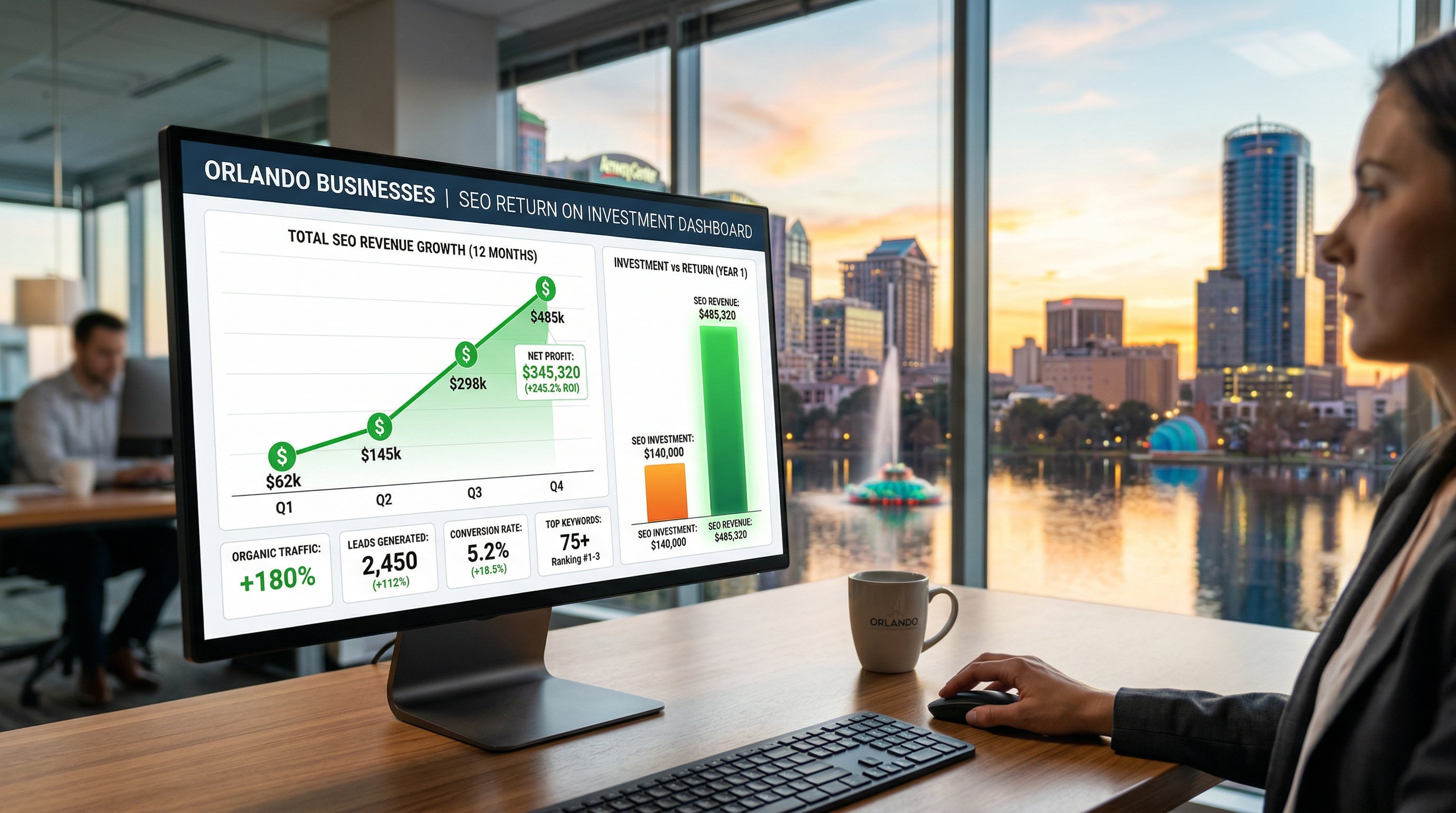 SEO ROI dashboard showing organic search revenue growth metrics and conversion data for an Orlando business in 2026