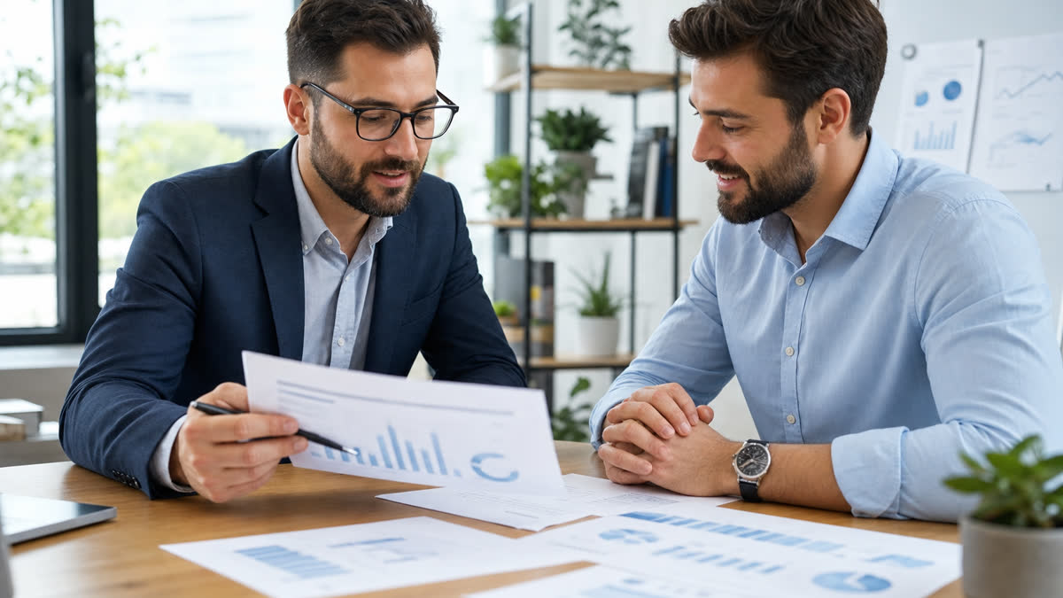 An SEO consultant reviewing analytics with a business owner across a table