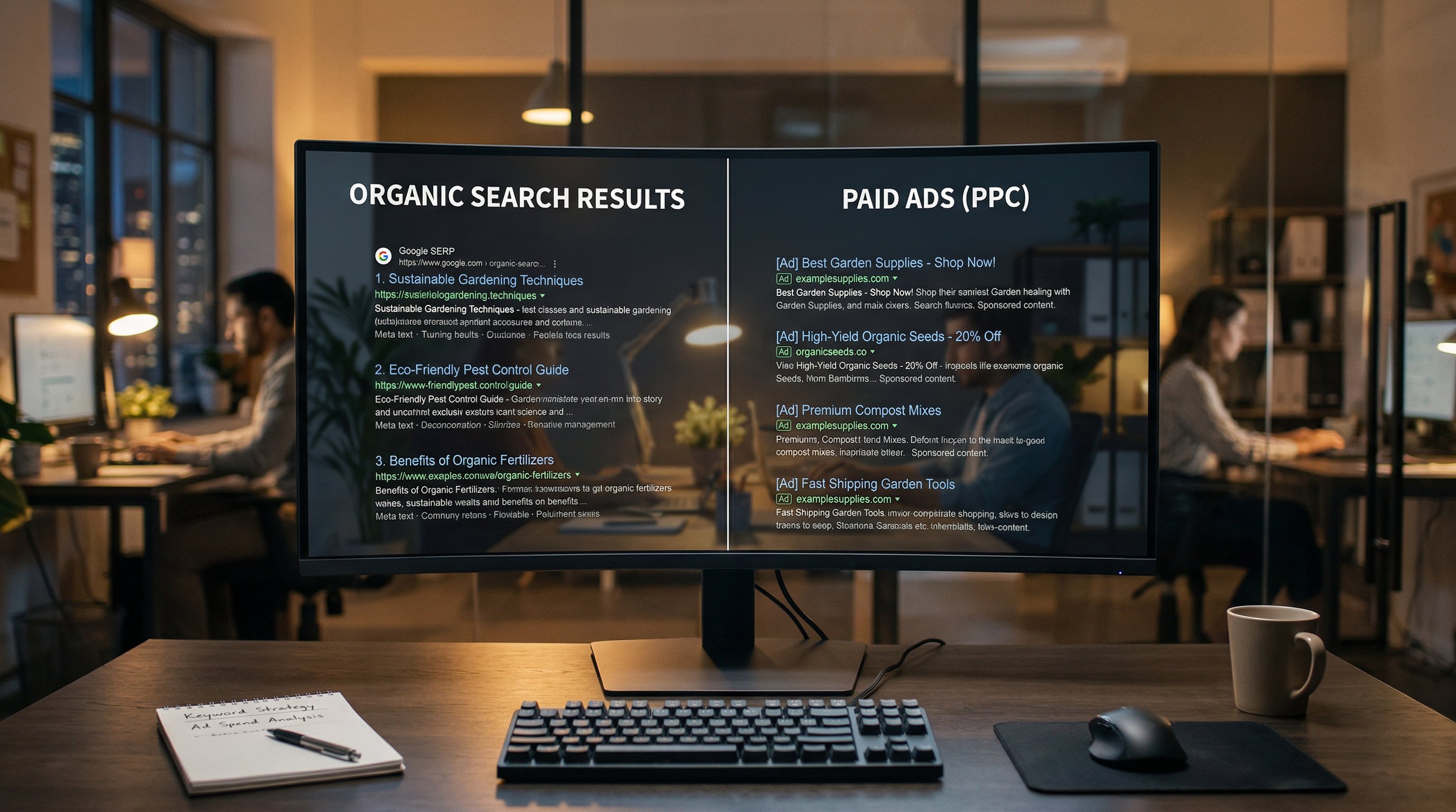 Split-screen monitor showing organic search results and paid ads in a marketing office