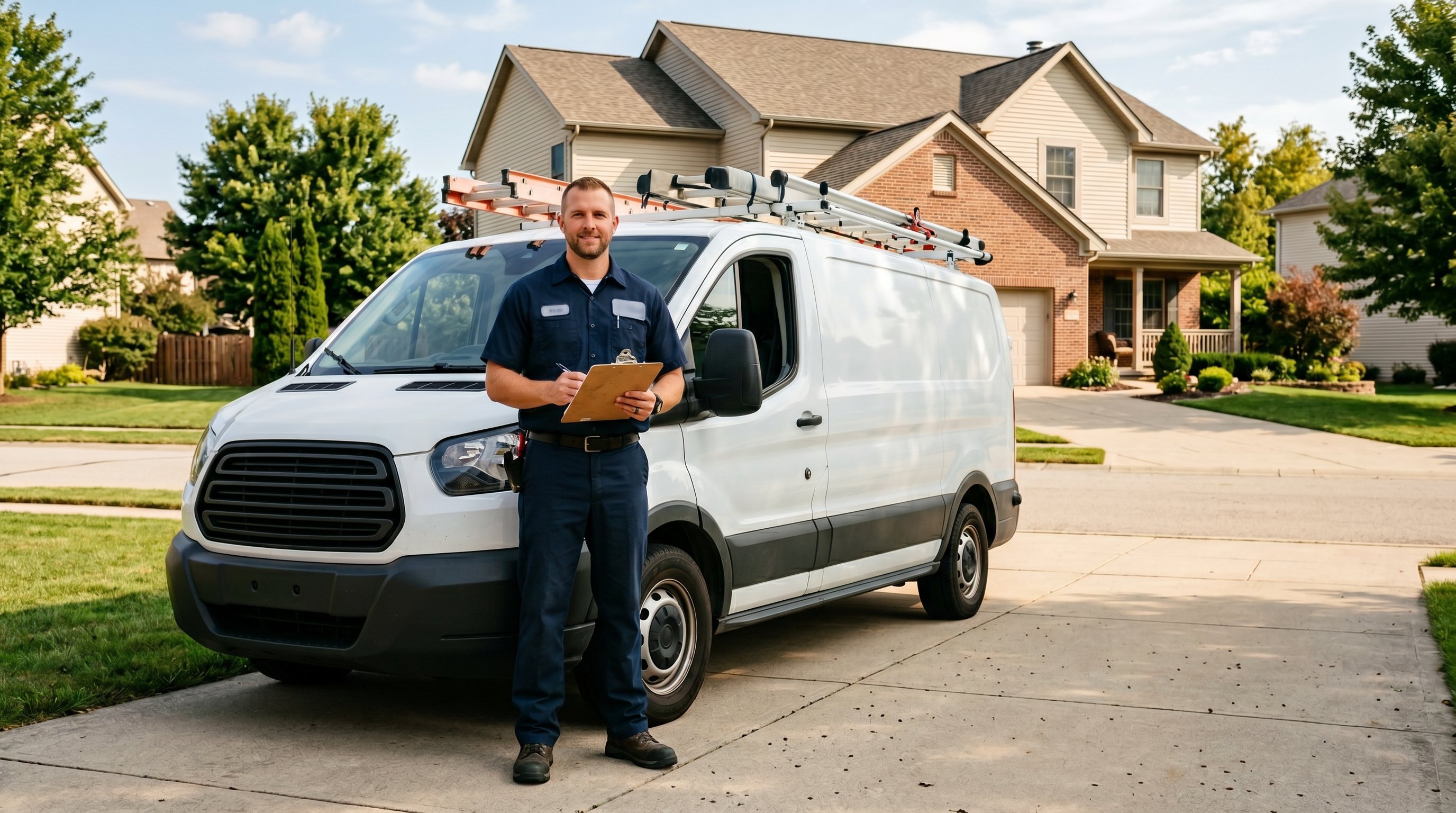 Service van parked in a Florida neighborhood with palm trees at sunrise