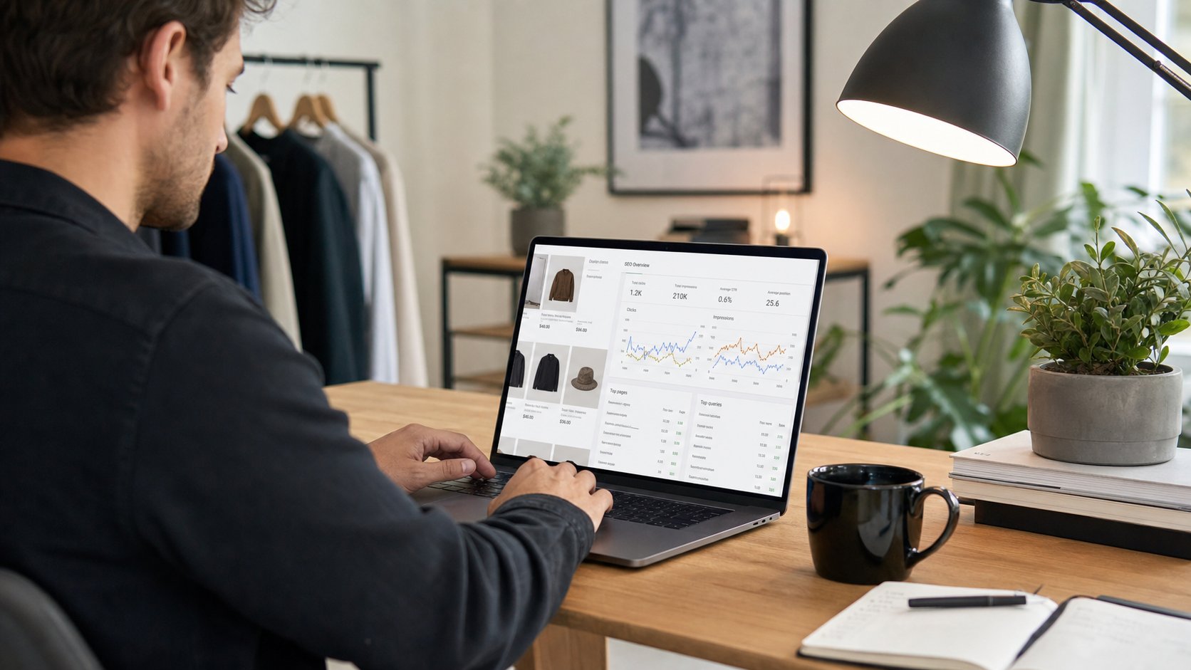 Shopify store owner reviewing SEO settings on a laptop