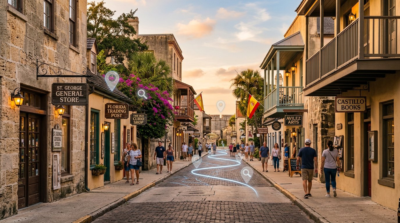 Historic street in St. Augustine with small shops and a digital map overlay concept