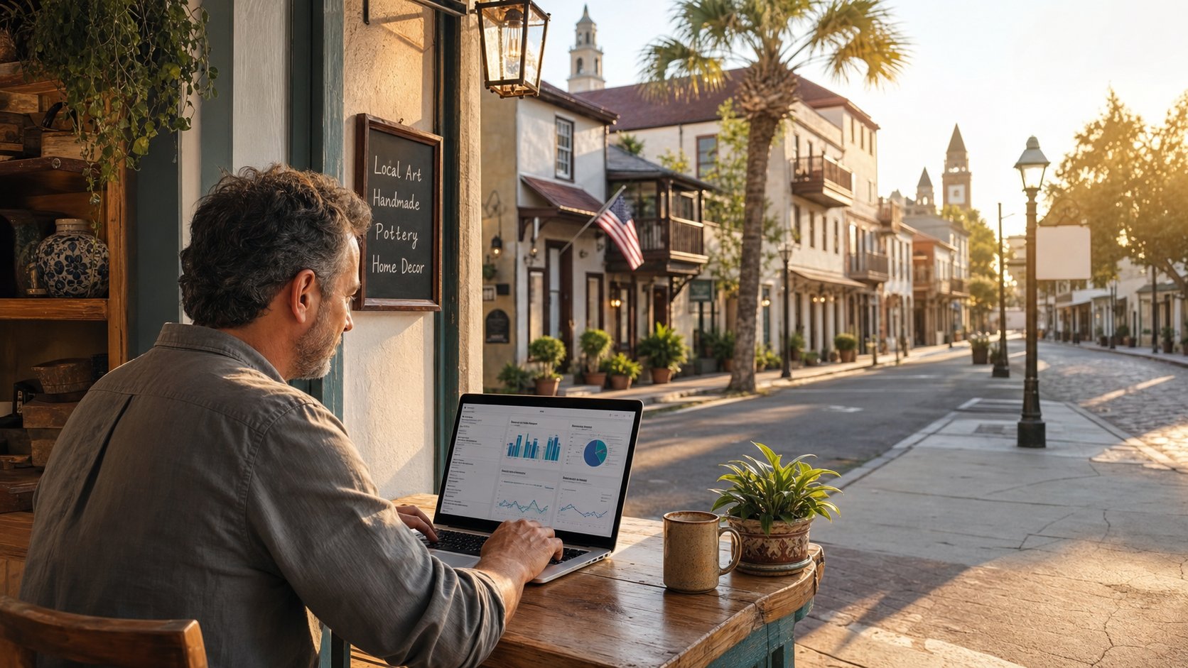 St. Augustine Florida street scene with a small business owner reviewing online marketing analytics