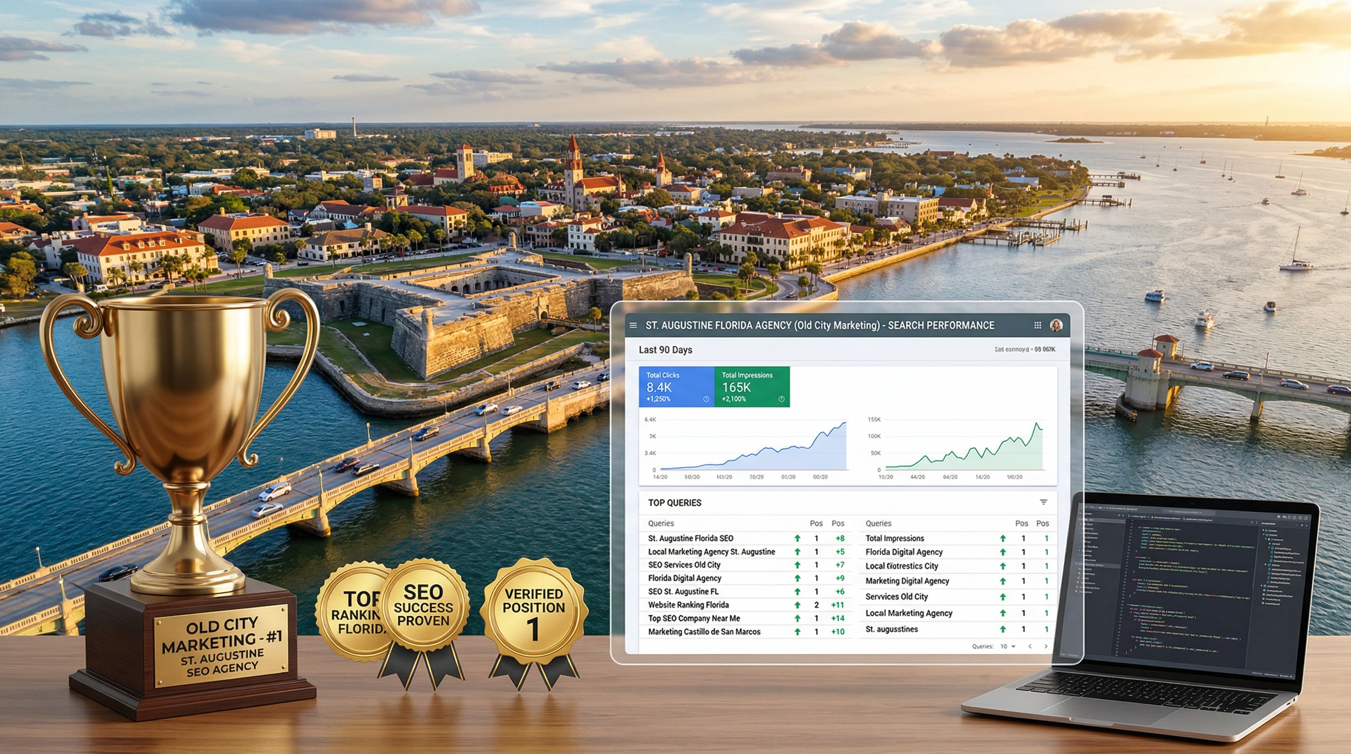 St. Augustine Florida historic skyline with digital marketing data overlay representing proven SEO rankings