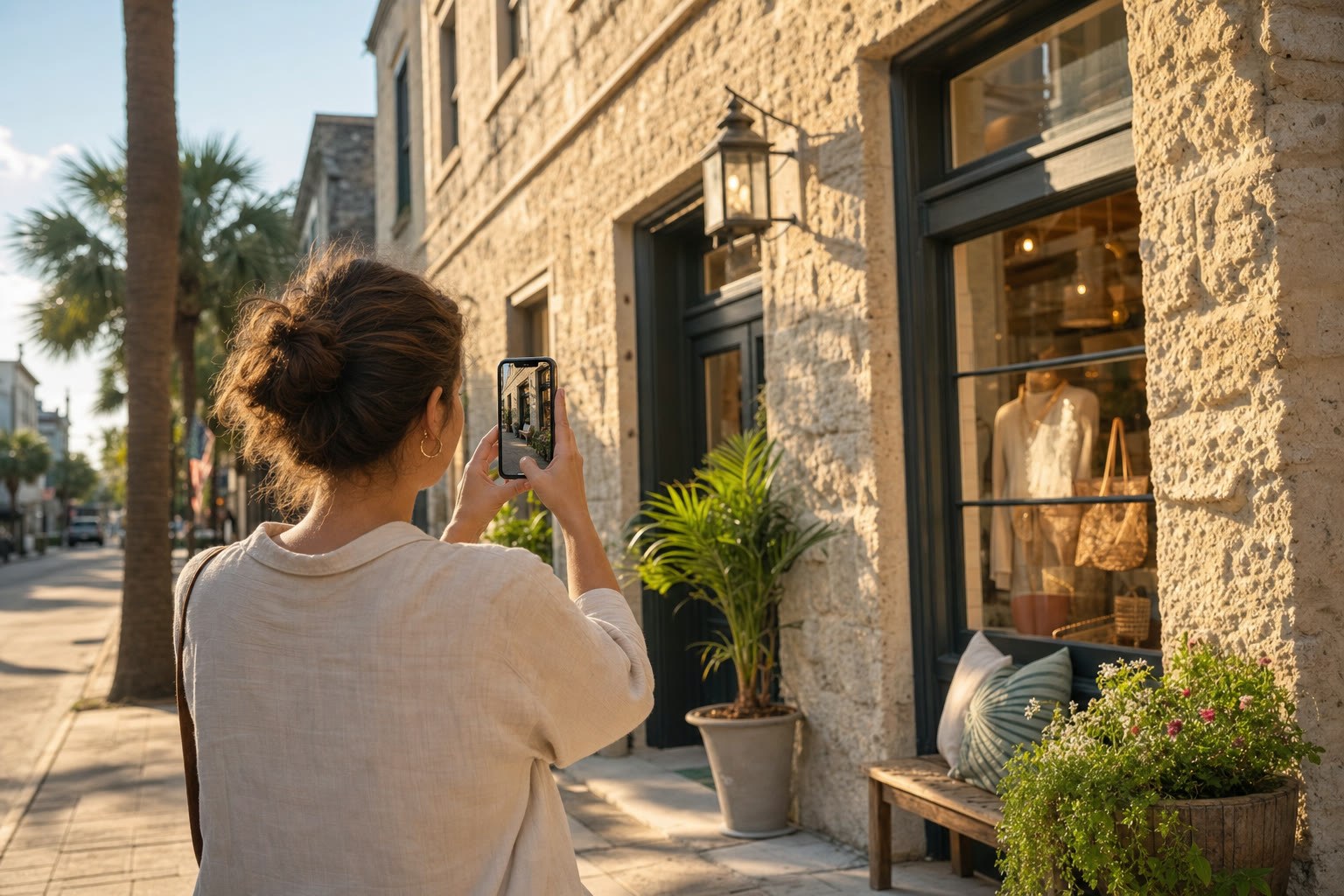 Small business owner photographing their St. Augustine storefront with a phone