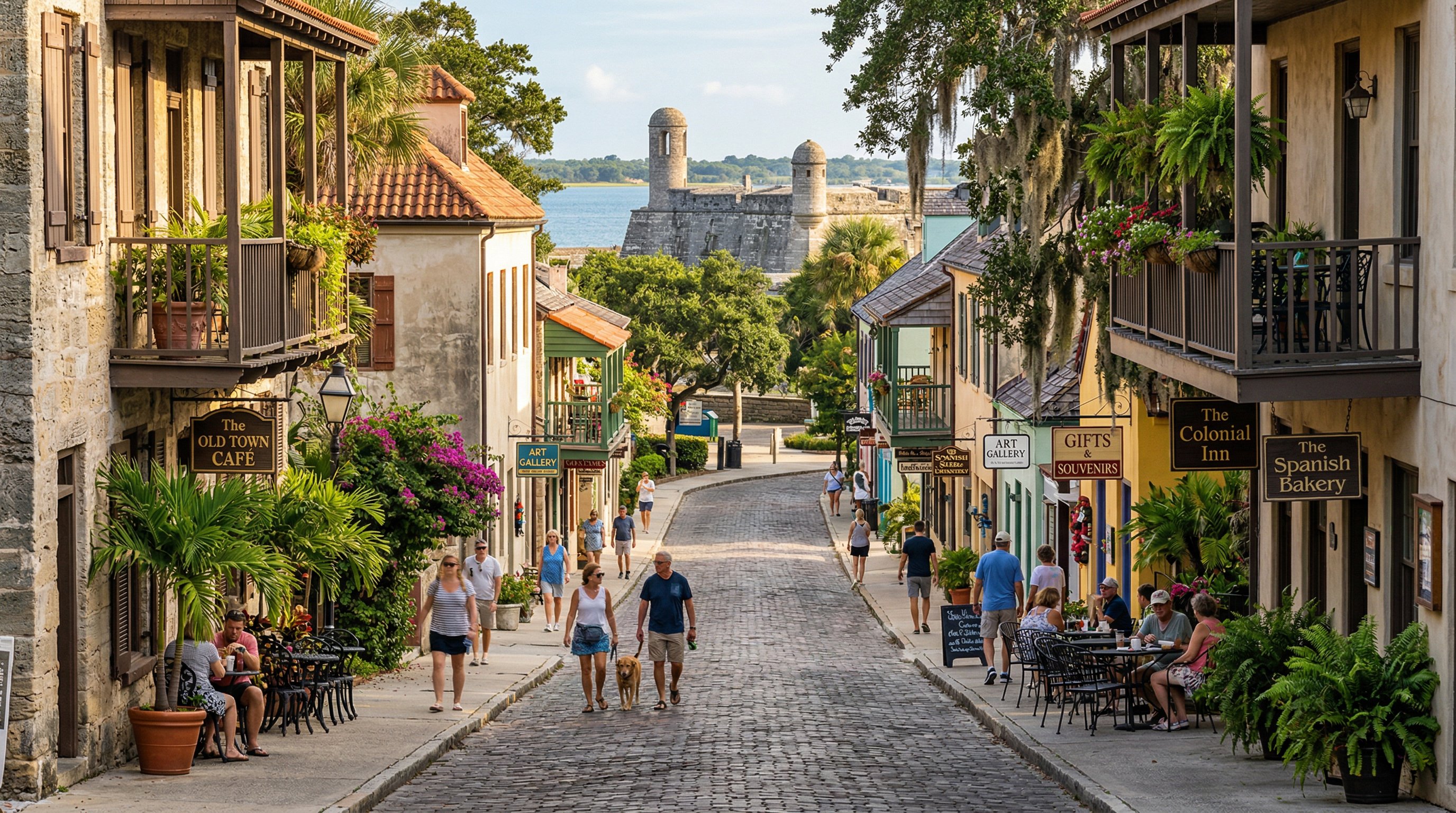 Historic St. Augustine Florida downtown street with Spanish colonial architecture and the Castillo de San Marcos