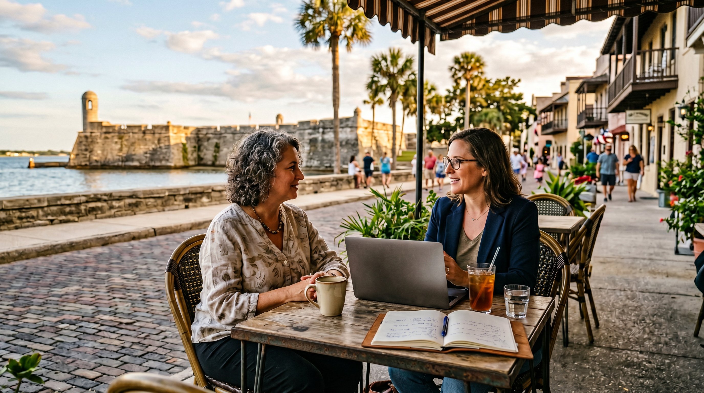 Aerial view of the historic St. Augustine Florida waterfront and Castillo de San Marcos with a laptop showing SEO analytics in the foreground