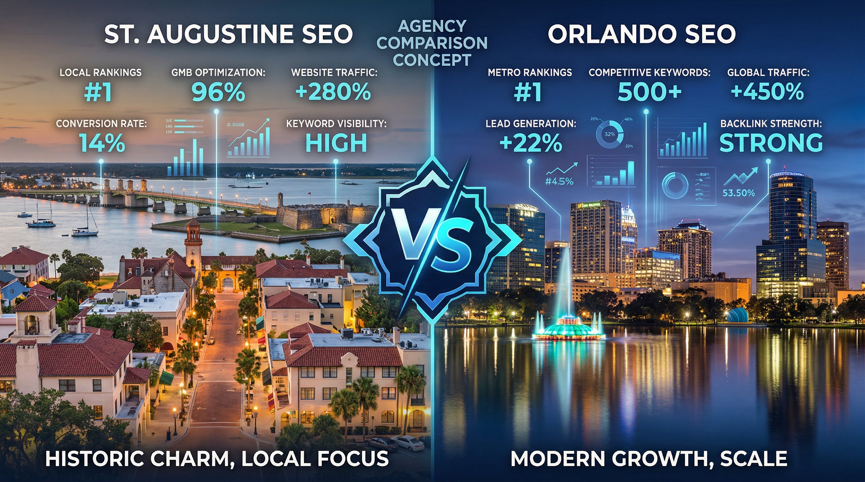 St. Augustine Florida historic district with digital marketing overlay representing local SEO agency comparison