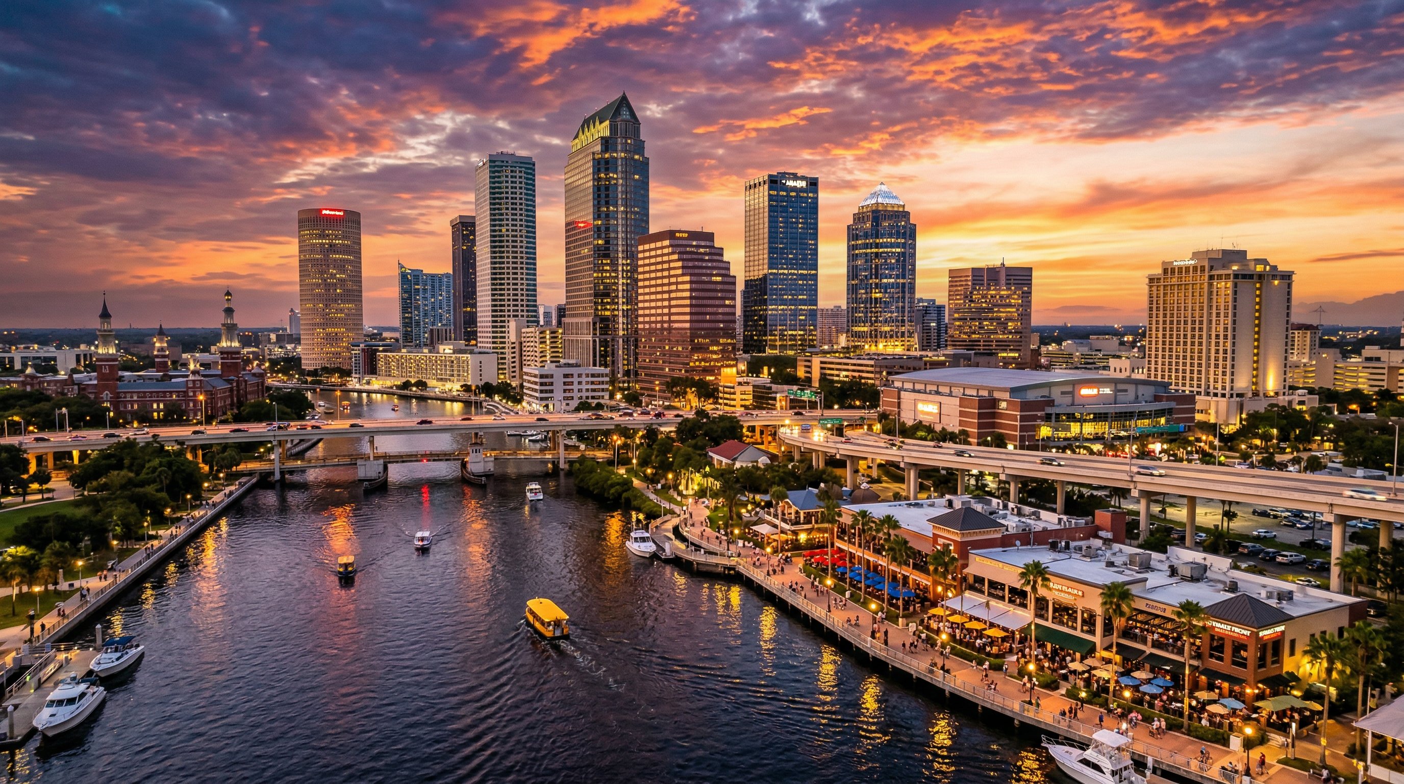 Downtown Tampa skyline and streetscape representing local businesses