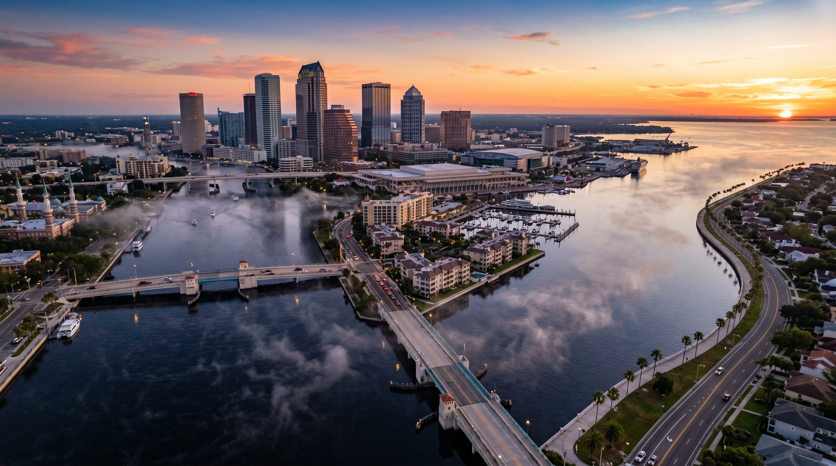 Downtown Tampa skyline along the Hillsborough River at sunrise