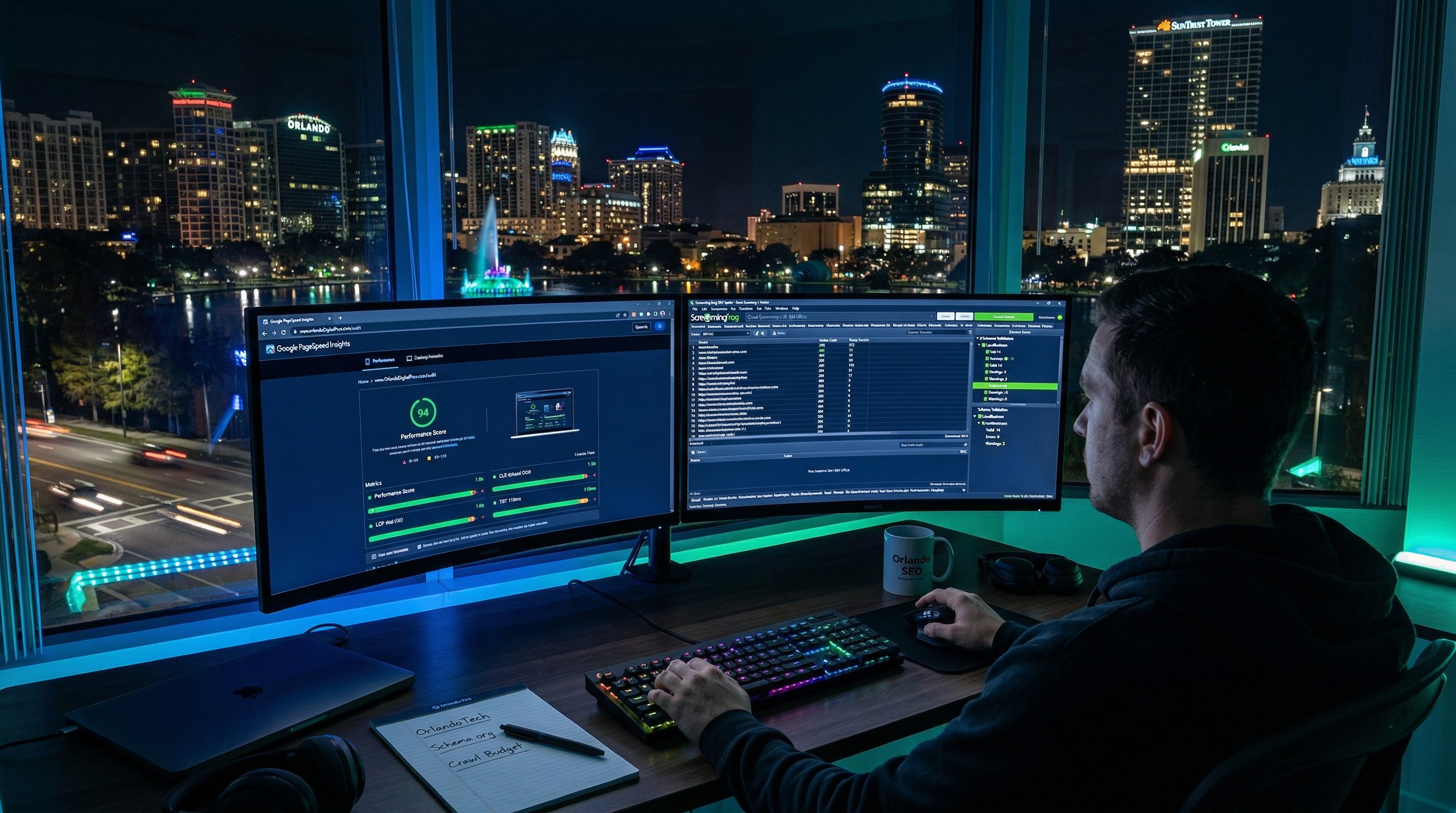 Technical SEO audit dashboard showing Core Web Vitals and crawl data for an Orlando business website