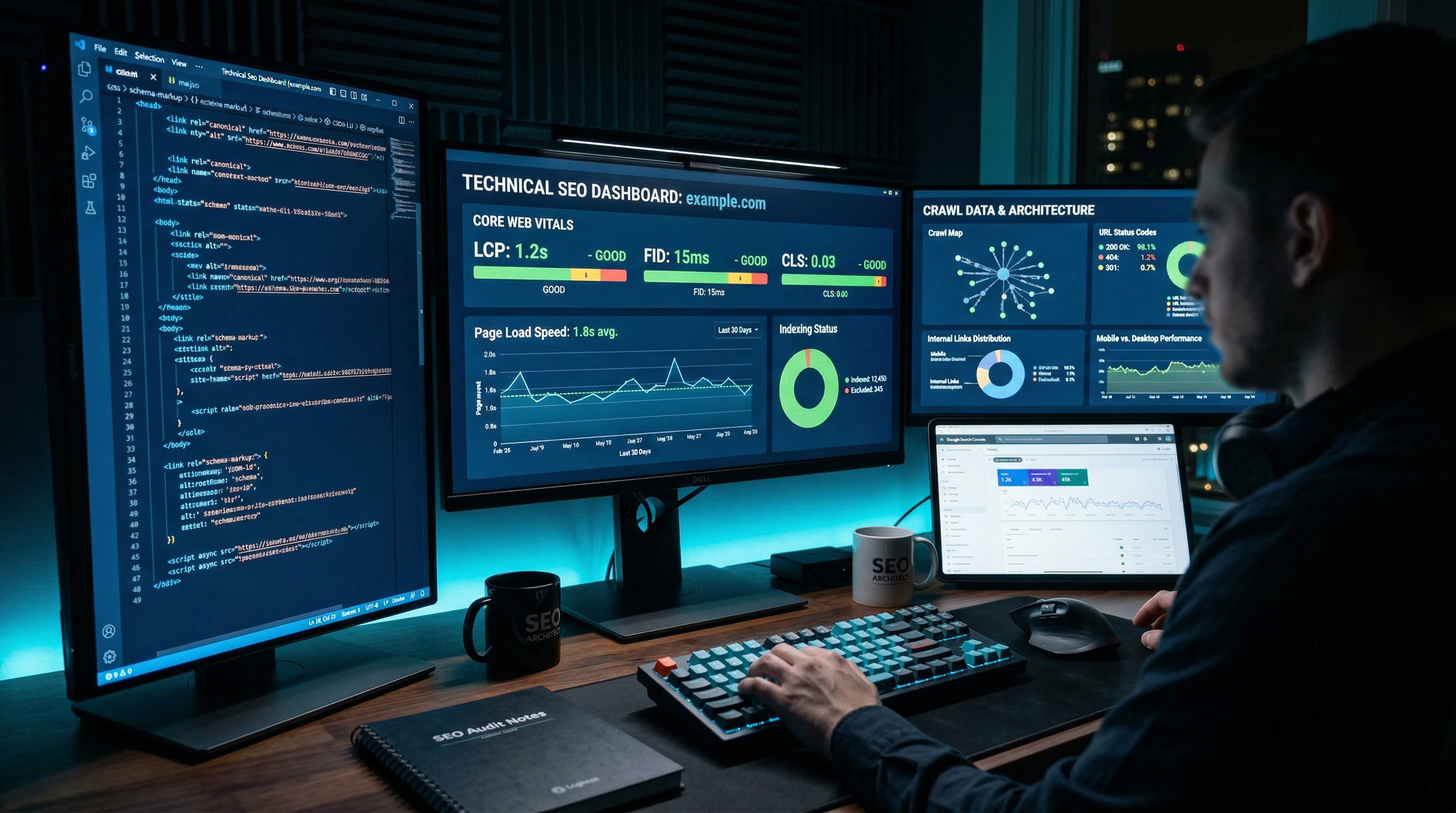 Technical SEO audit dashboard showing website performance metrics for a St. Augustine Florida business website