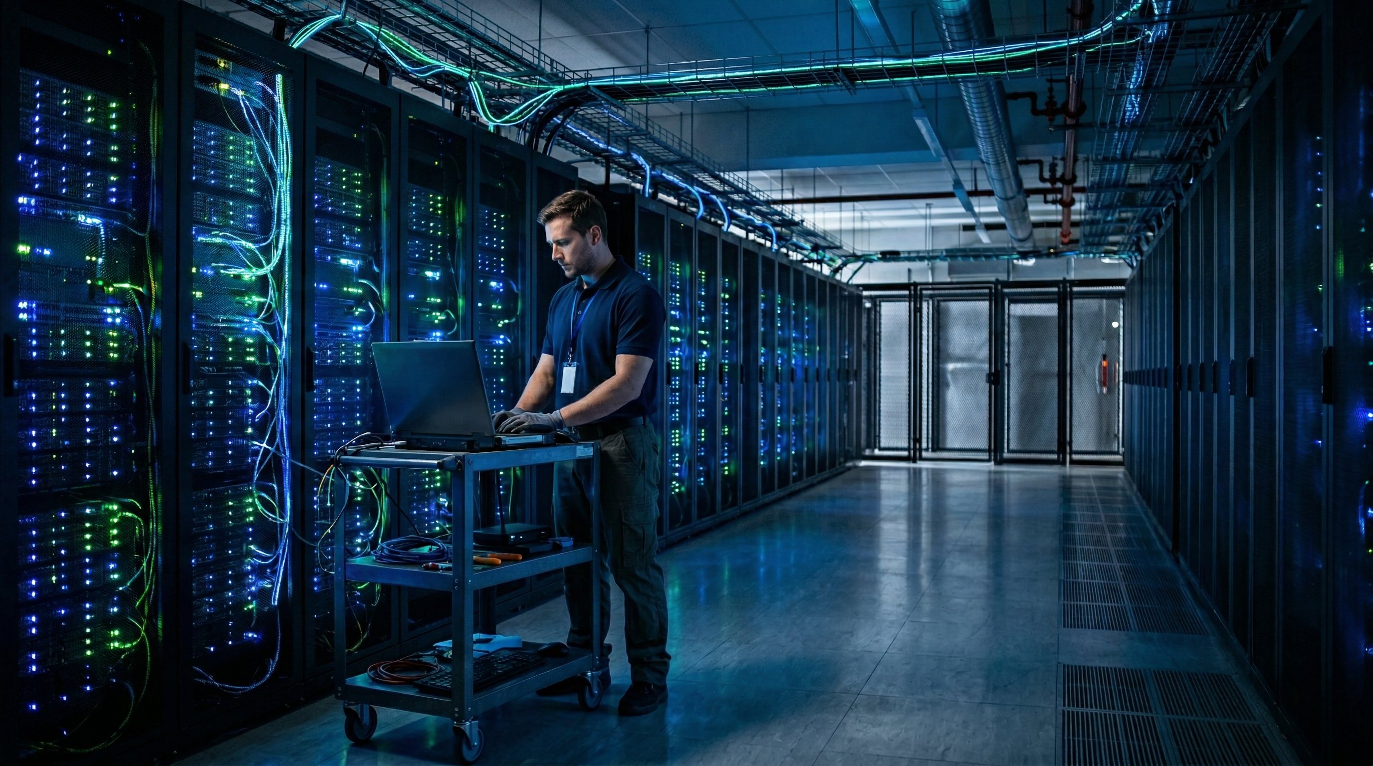 Server room with illuminated servers and a technician's laptop showing performance metrics