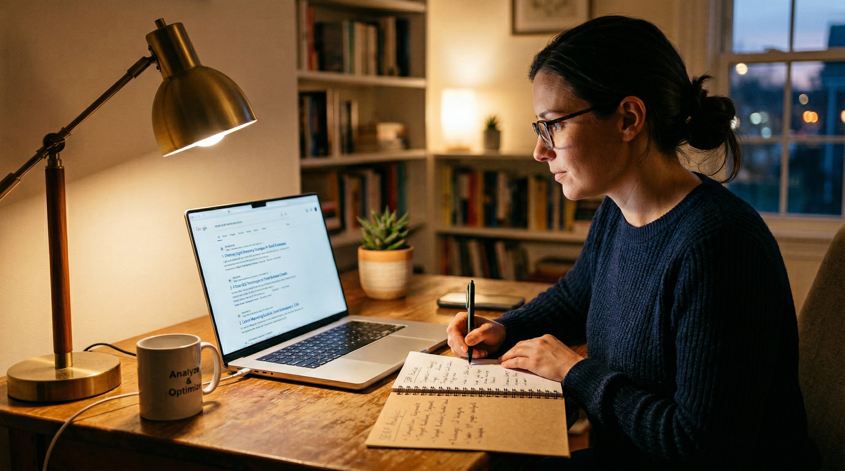 Marketer analyzing Google search results on laptop with notebook of handwritten notes