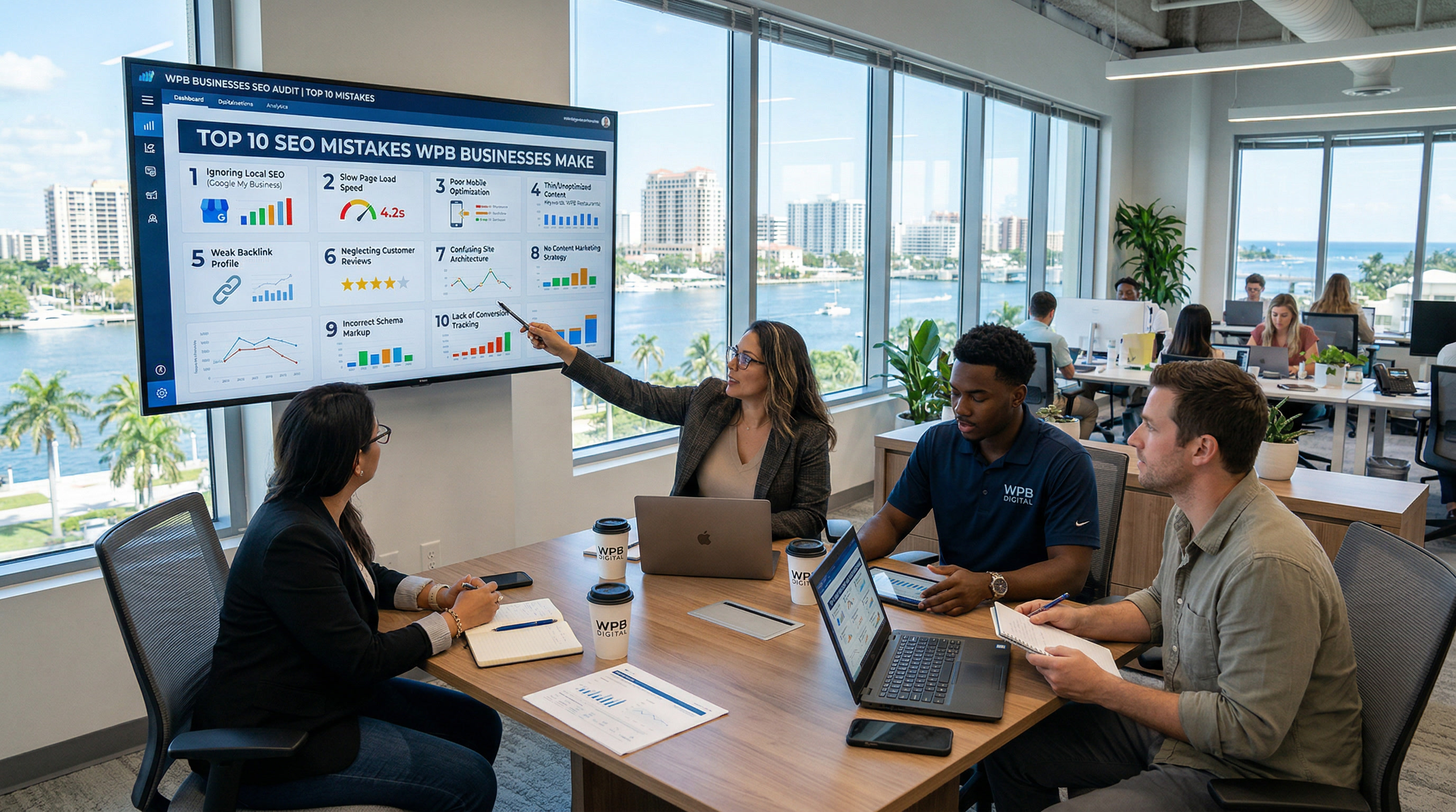 West Palm Beach Florida business owner reviewing SEO analytics showing common optimization mistakes