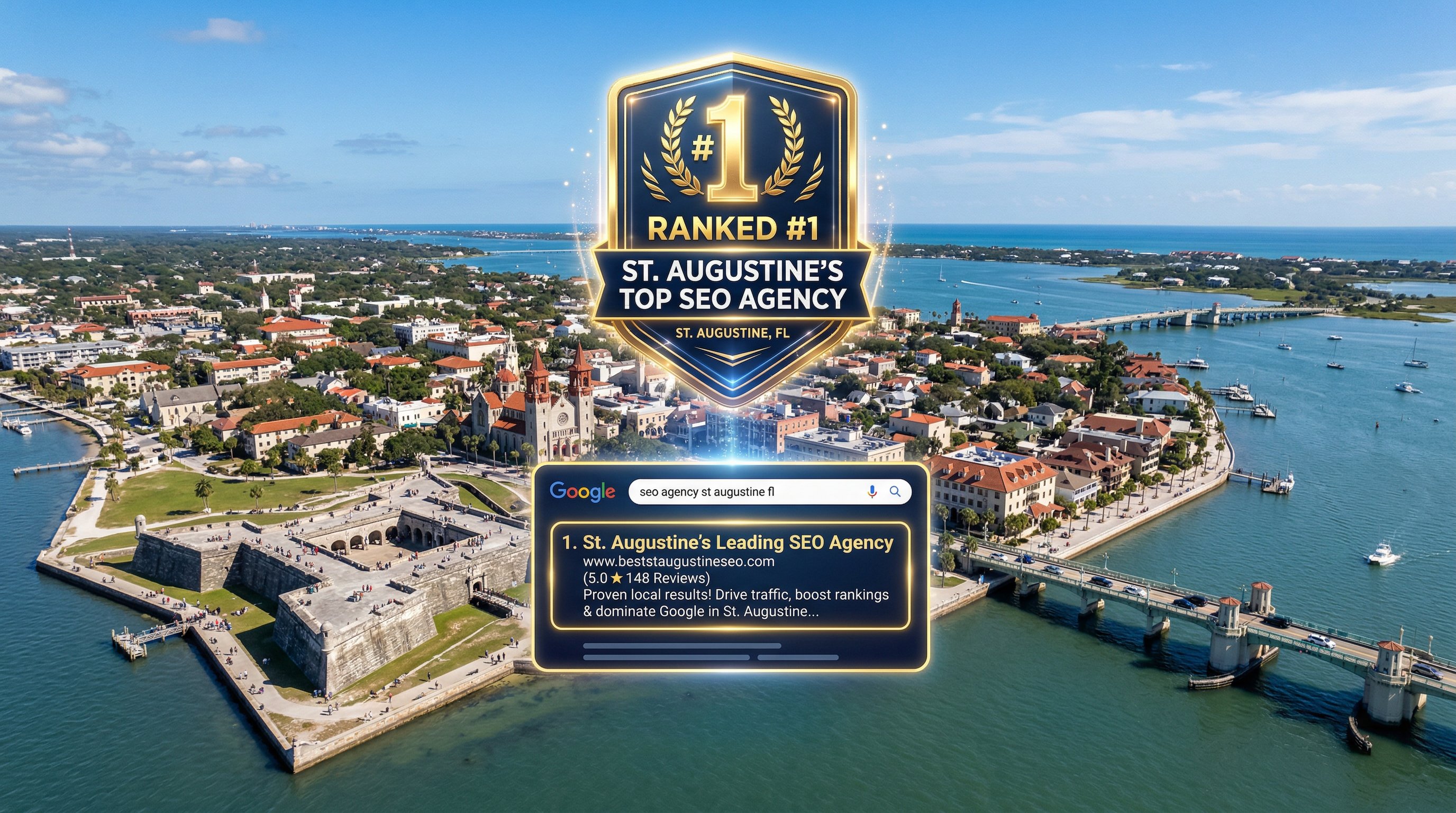 St. Augustine Florida historic district with digital marketing overlay representing local SEO dominance for St. Augustine businesses