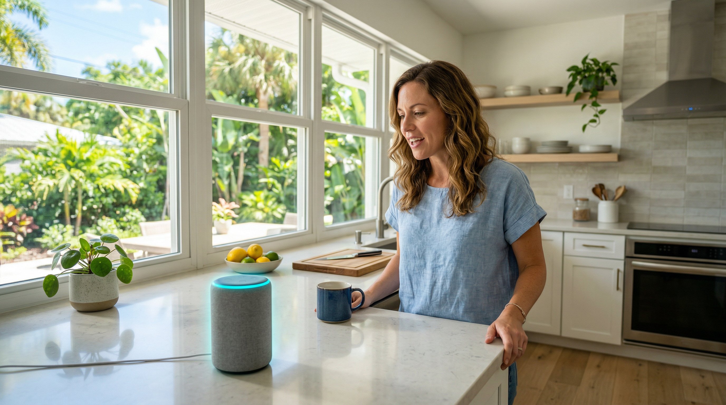 Person speaking to a smart speaker on a kitchen counter in a Florida home