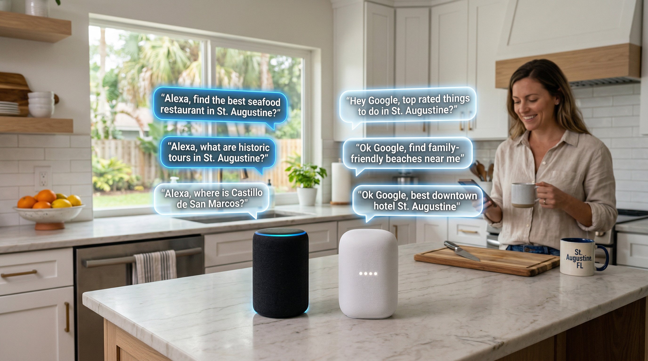 St. Augustine Florida tourist using voice search on smartphone representing voice SEO optimization for local businesses