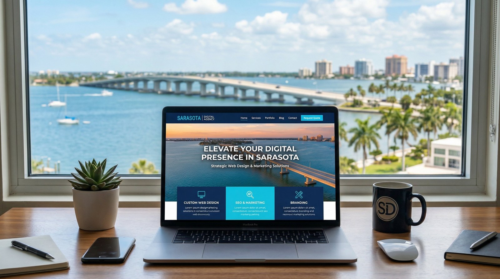 Modern web design concept for Sarasota Florida businesses featuring Sarasota Bay waterfront