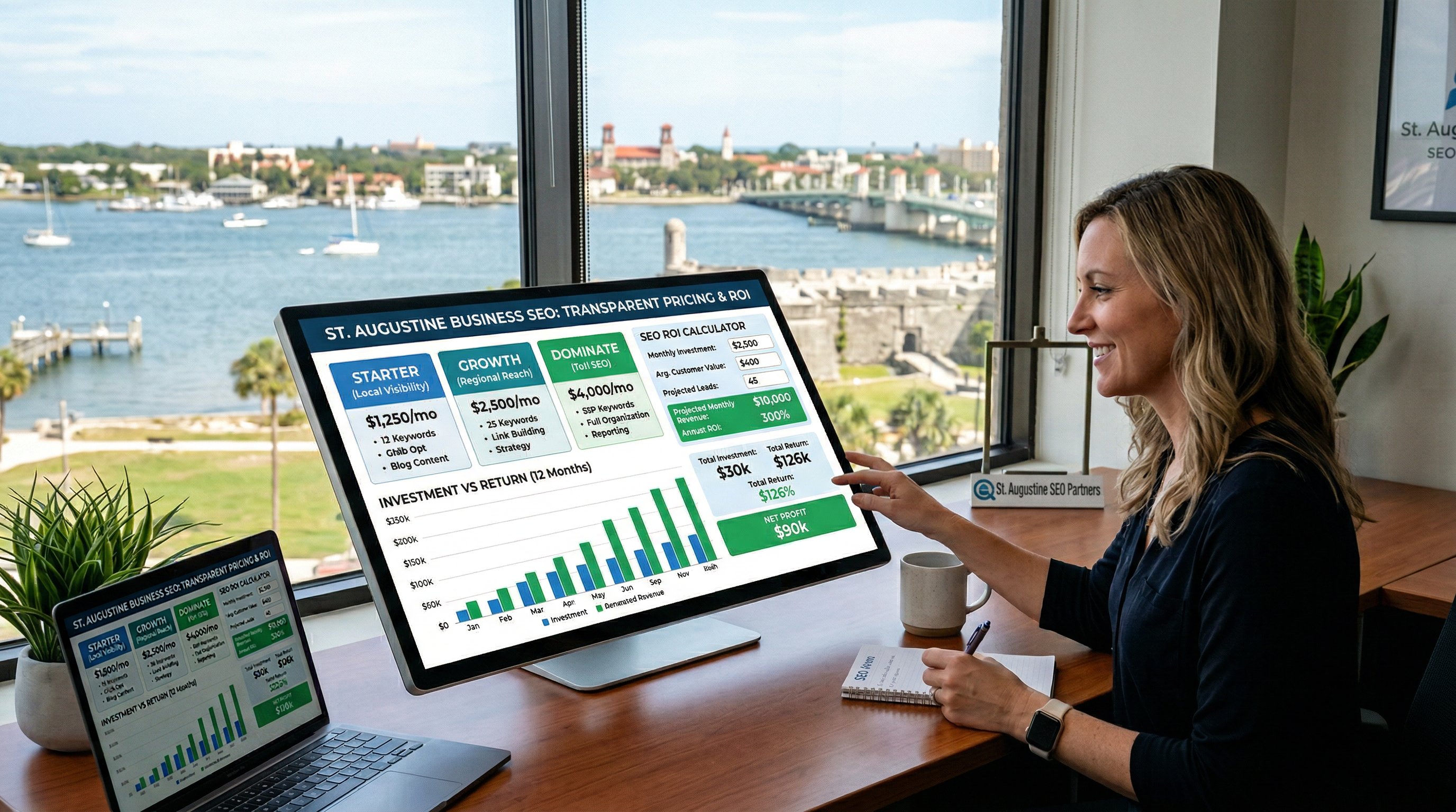 St. Augustine Florida historic district with digital marketing pricing overlay representing SEO agency costs