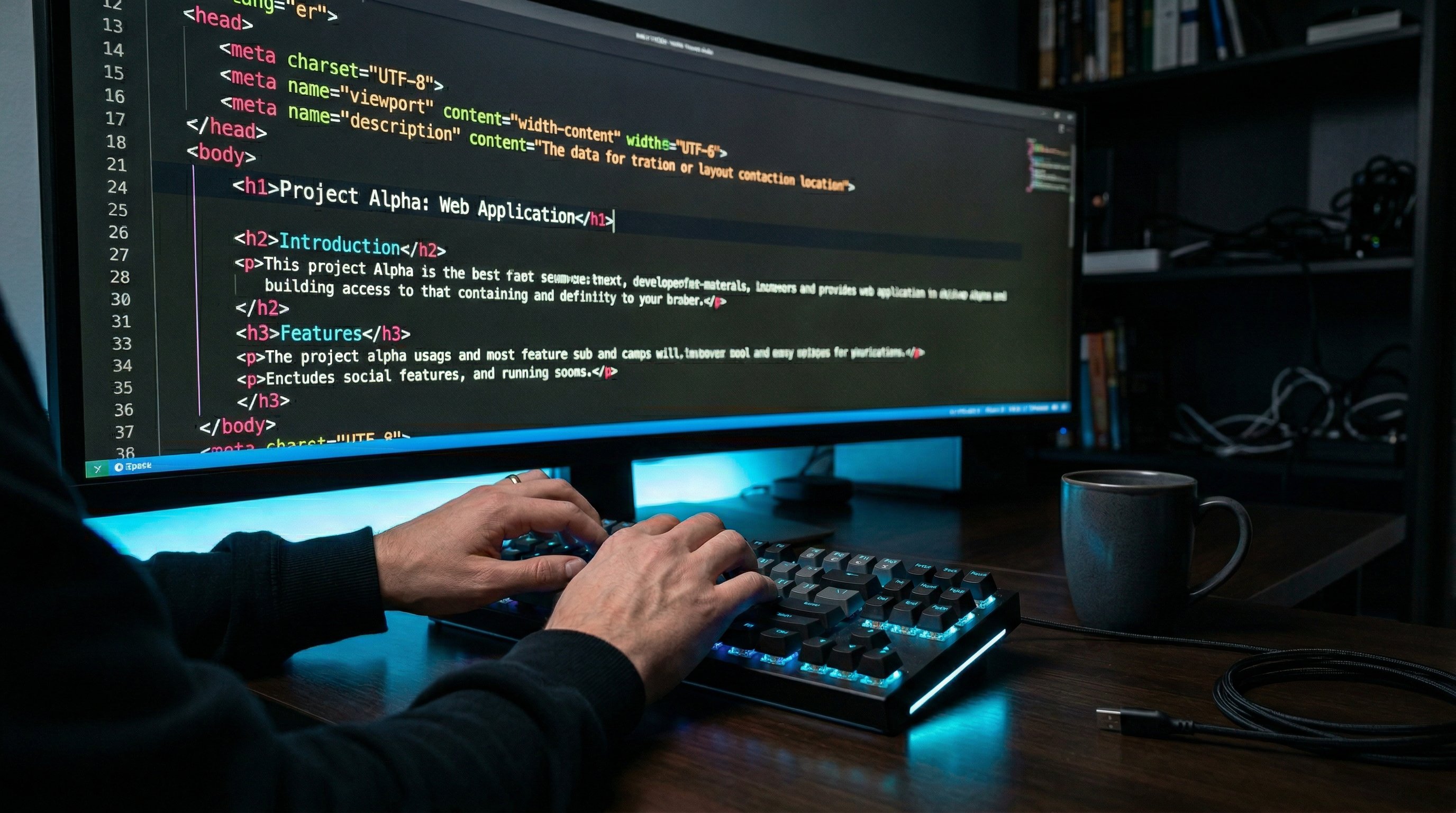 Web developer hands typing on mechanical keyboard with monitor showing HTML source code and meta tags