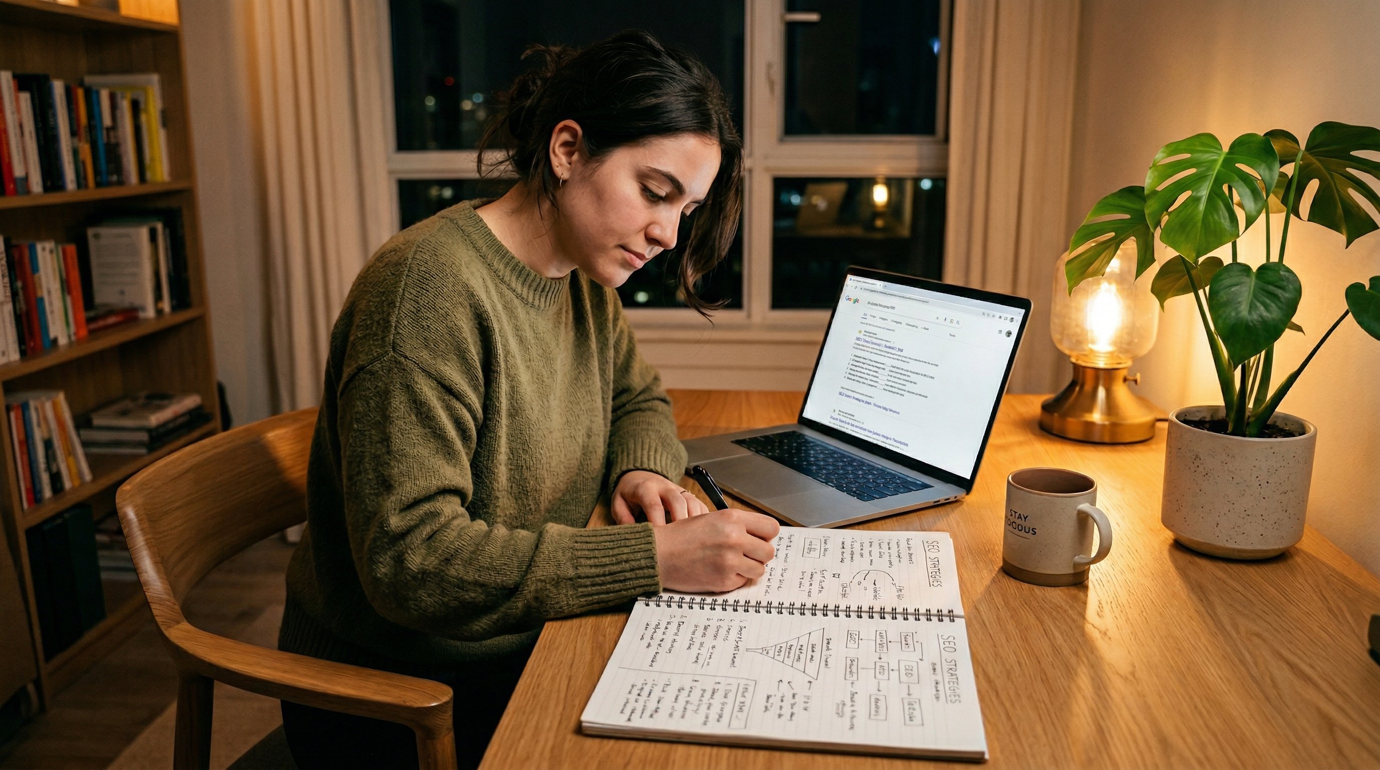 Person at a desk with notebook showing SEO notes and diagrams next to laptop