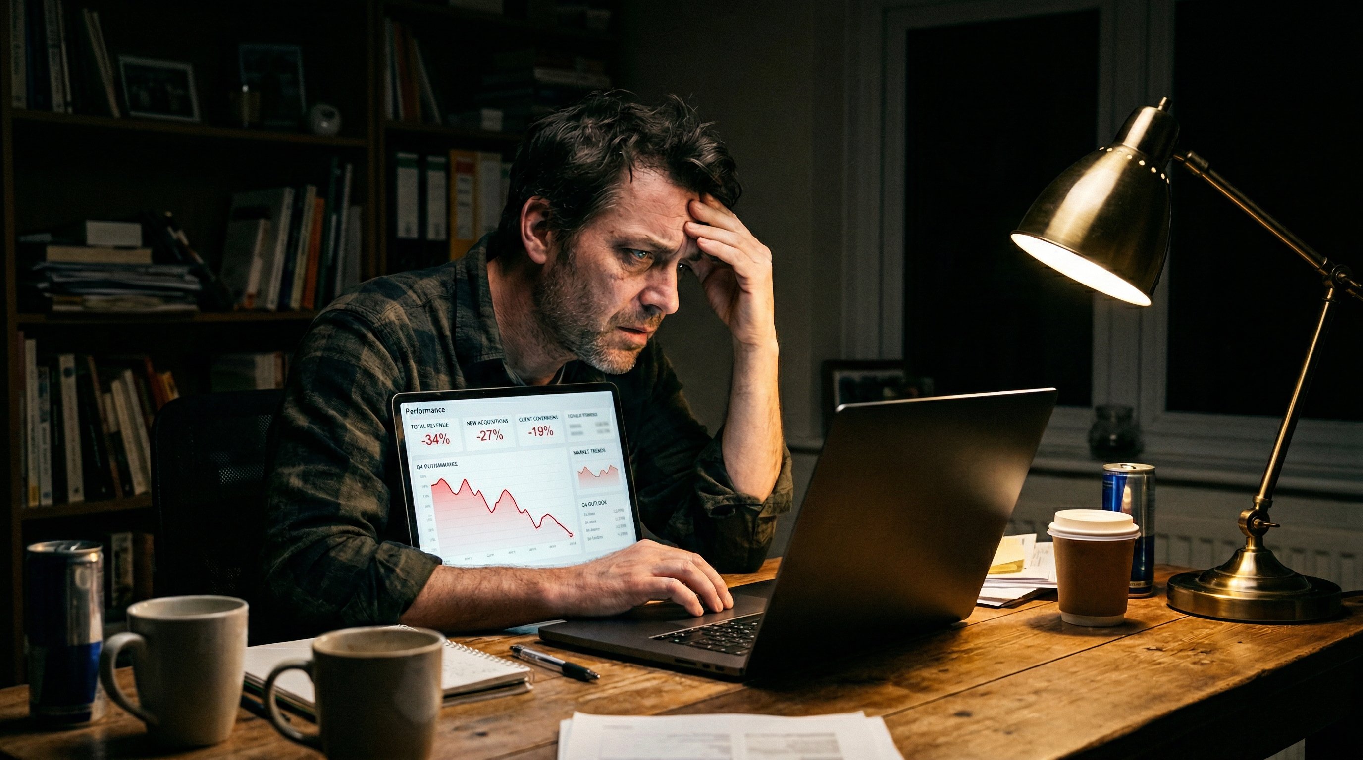 Frustrated business owner staring at laptop showing declining analytics in dark home office