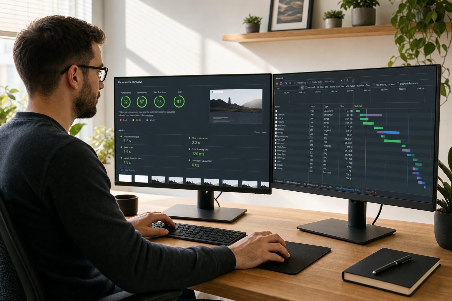 Developer reviewing site performance metrics on dual monitors