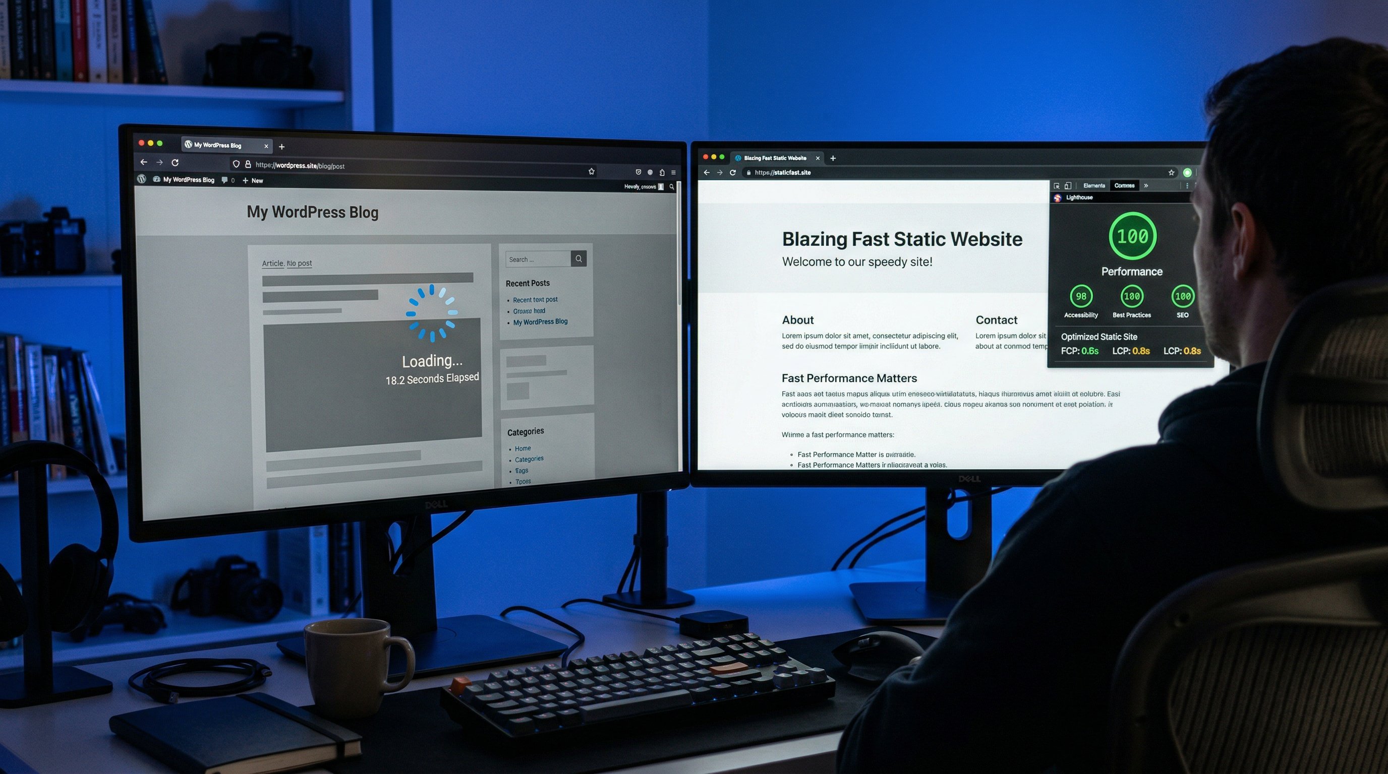 Split view comparing slow WordPress site and fast static HTML site with Lighthouse 100 score